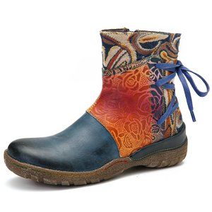 SOCOFY Women's Retro Embossed Leather Soft Sole Boot Size 39 (8-8.5 US)